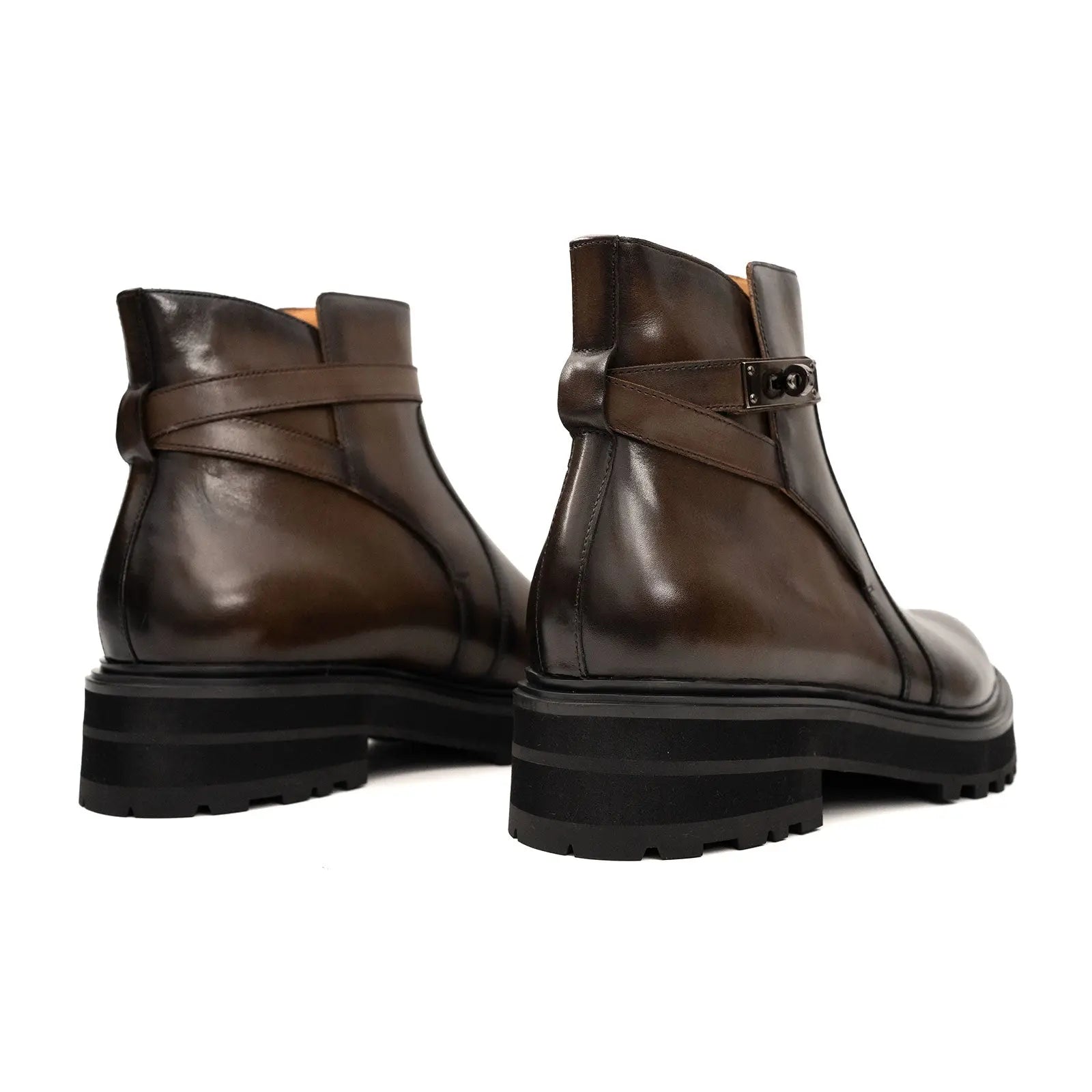 Calfskin Double Buckle Chelsea Boots Coffee Brown