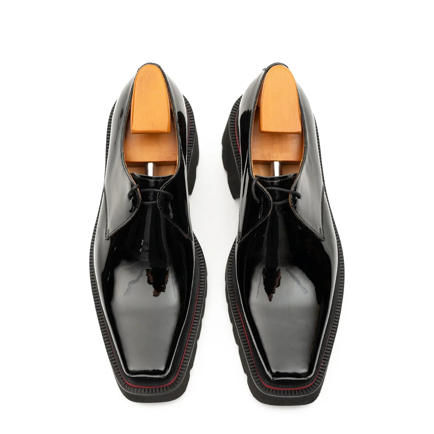 chunky men dress shoes Black Patent Leather Derby with Elevated Rubber Sole for Men