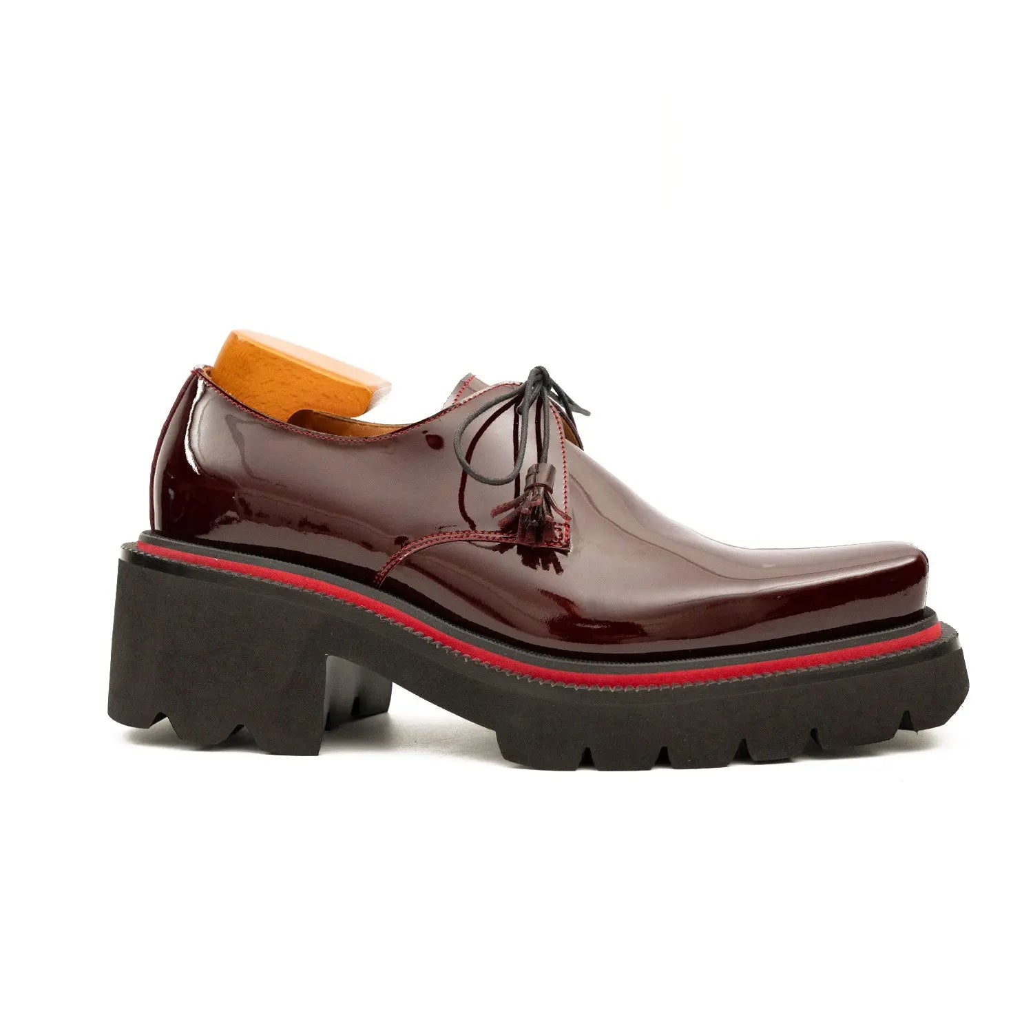 Men's Patent Leather Wine Red Derby Shoes with Chunky Sole Divinch
