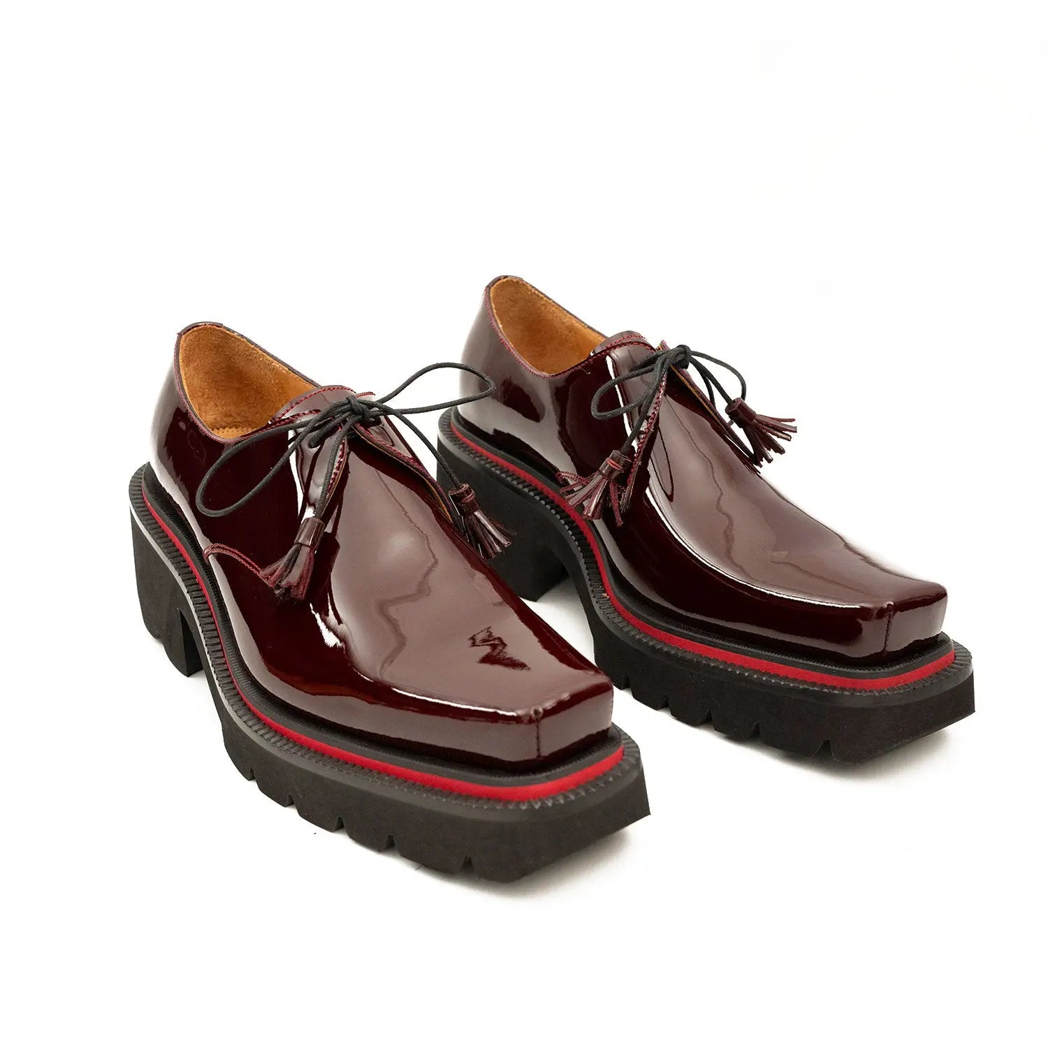 Men's Patent Leather Wine Red Derby Shoes with Chunky Sole Divinch