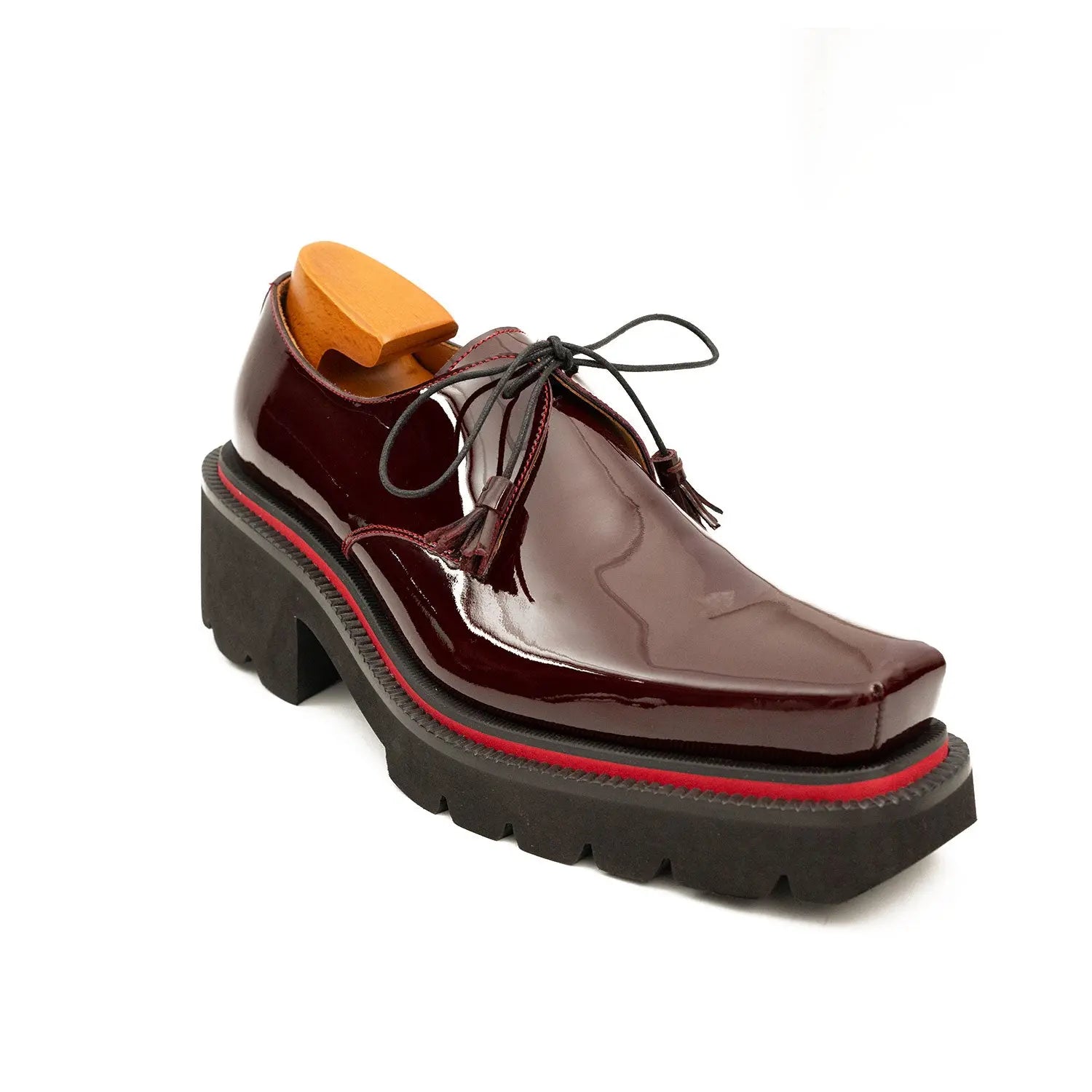 Men's Patent Leather Wine Red Derby Shoes with Chunky Sole Divinch