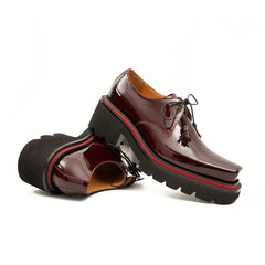 Men's Patent Leather Wine Red Derby Shoes with Chunky Sole Divinch