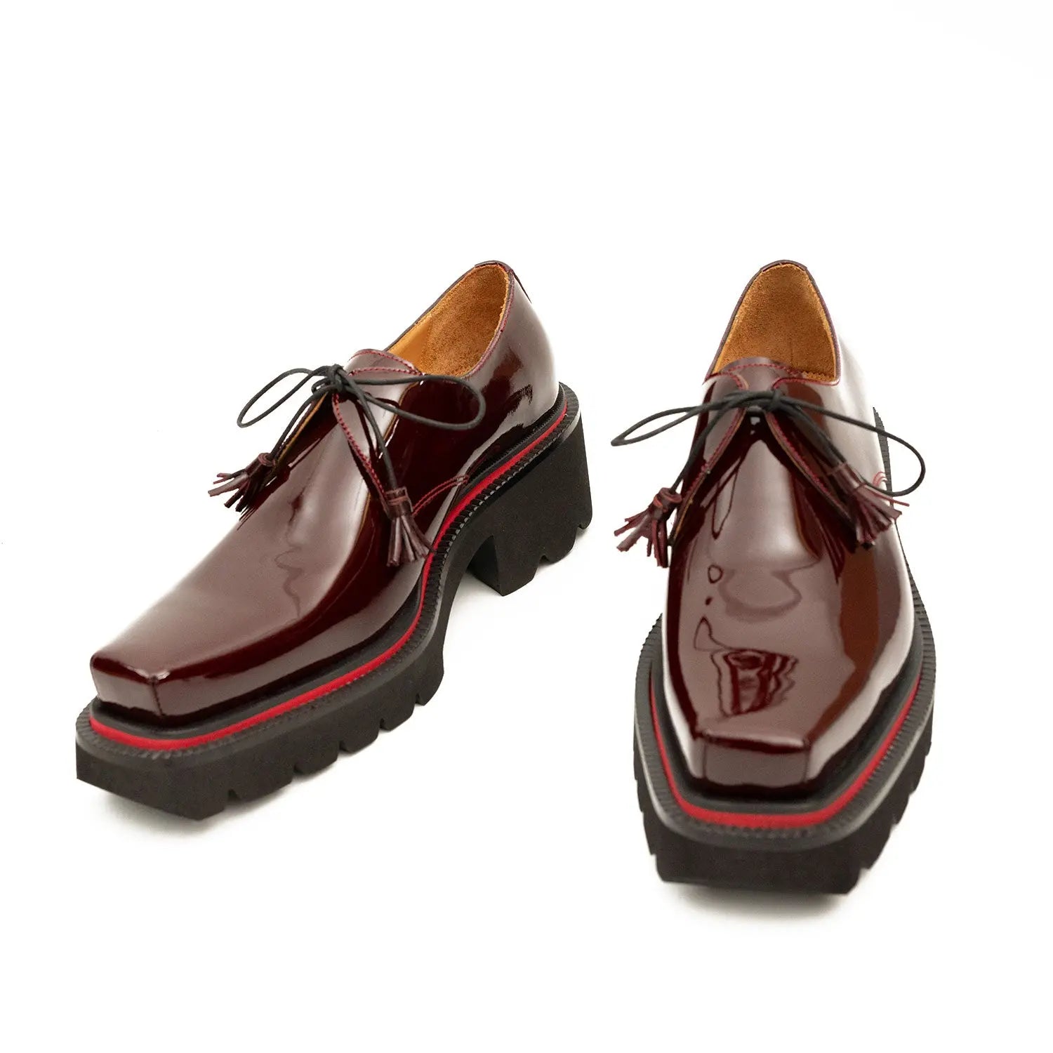 Men's Patent Leather Wine Red Derby Shoes with Chunky Sole Divinch