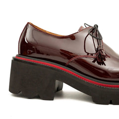 Men's Patent Leather Wine Red Derby Shoes with Chunky Sole Divinch