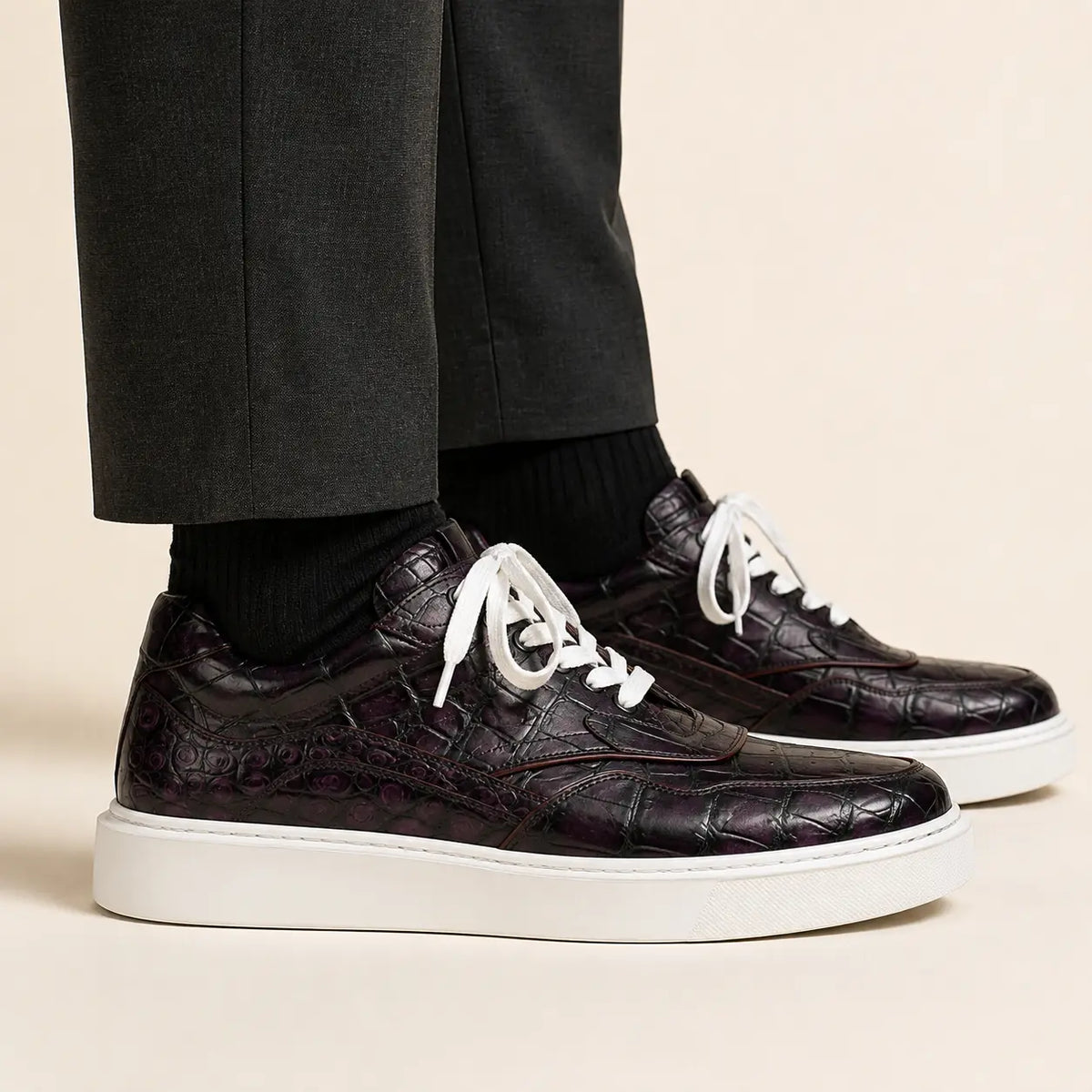 Midnight crocodile court sneaker on foot