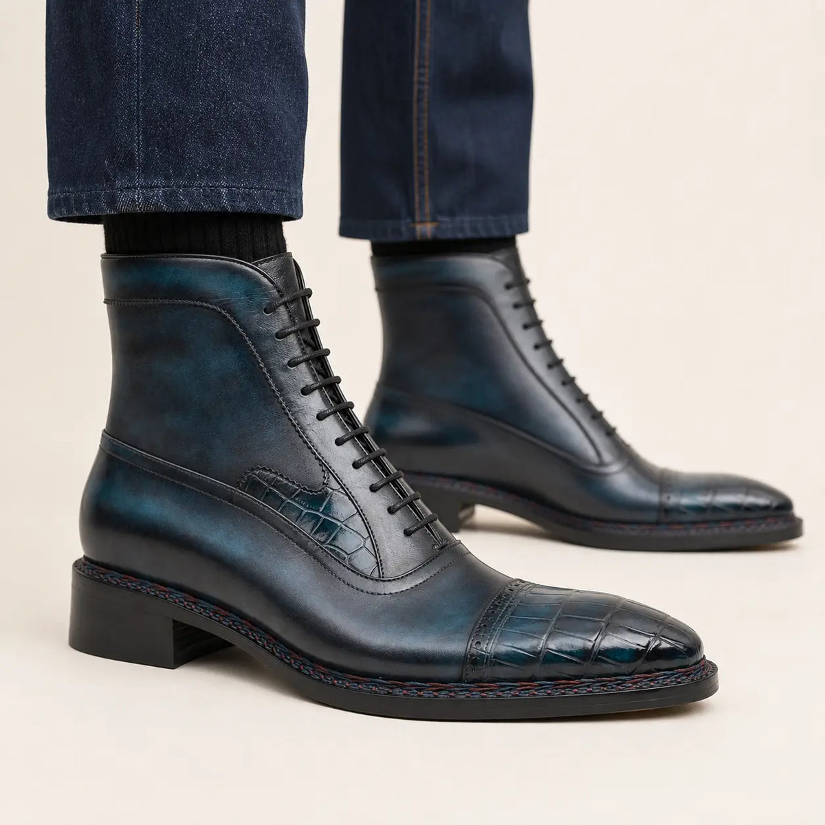 DIVINCH midnight crocodile lace-up boot on foot — warm studio side profile
