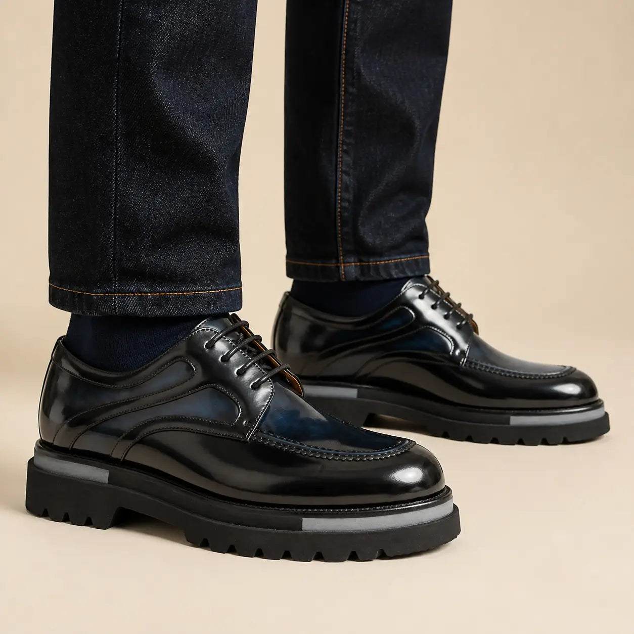 DIVINCH midnight navy and black sculpted moc-toe Derby shoes worn on foot
