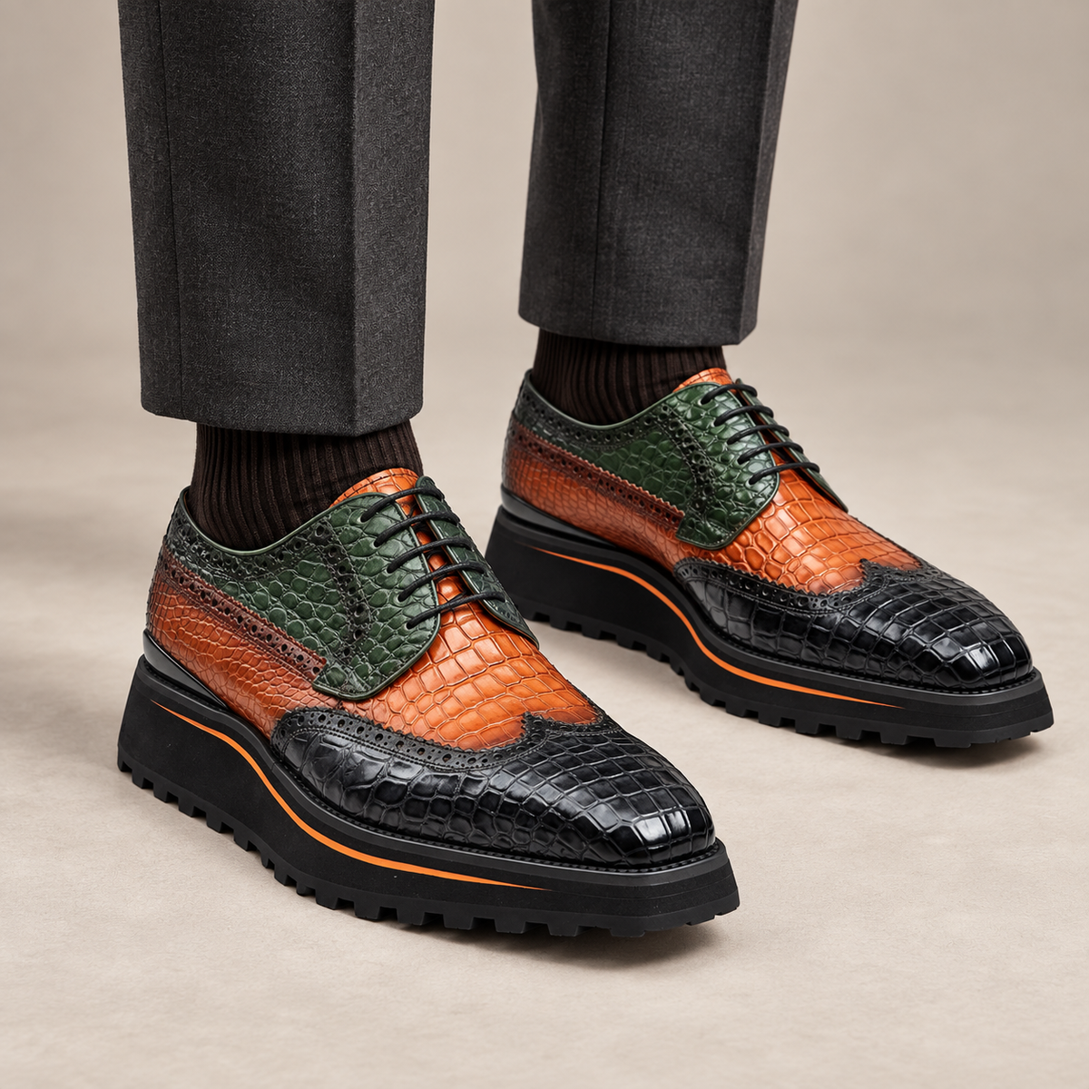 Tri-tone crocodile wingtip Derby shoes on model lower legs, DIVINCH 2501EA