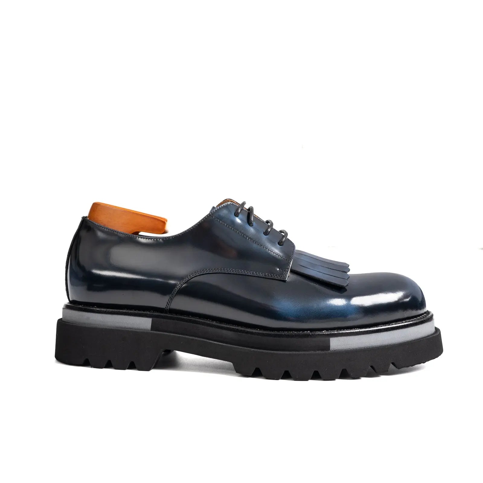 Navy Blue Patina Kiltie Derby Shoes Divinch