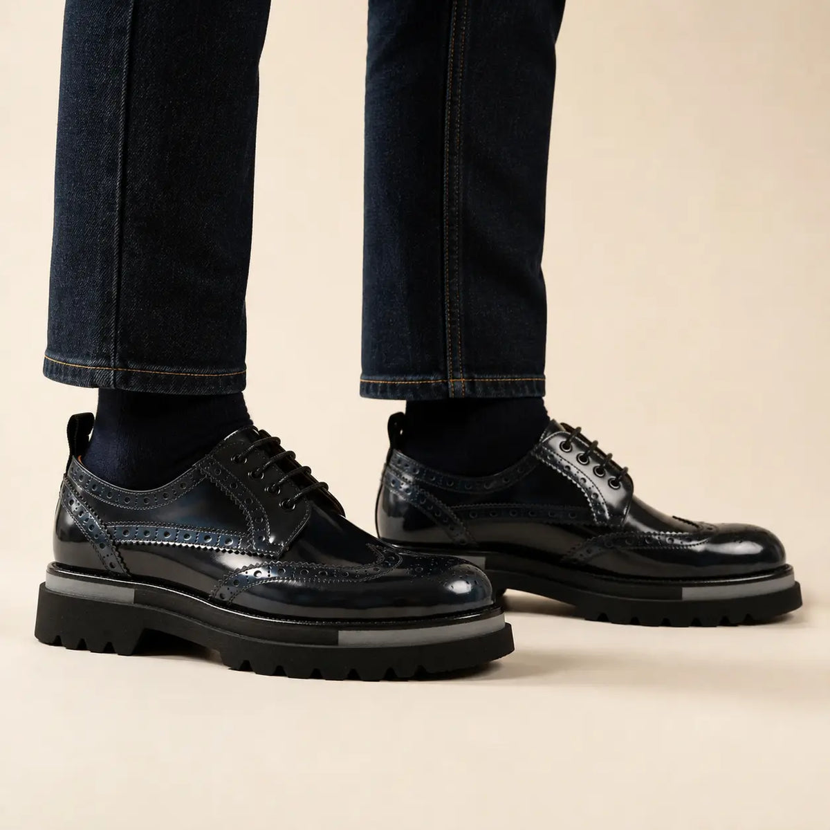 DIVINCH midnight navy wingtip platform Derby shoes worn on foot