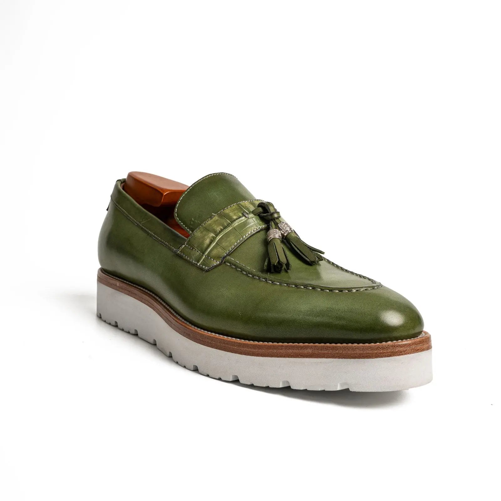 Olive Green Crocodile Tassel XL Loafers Divinch