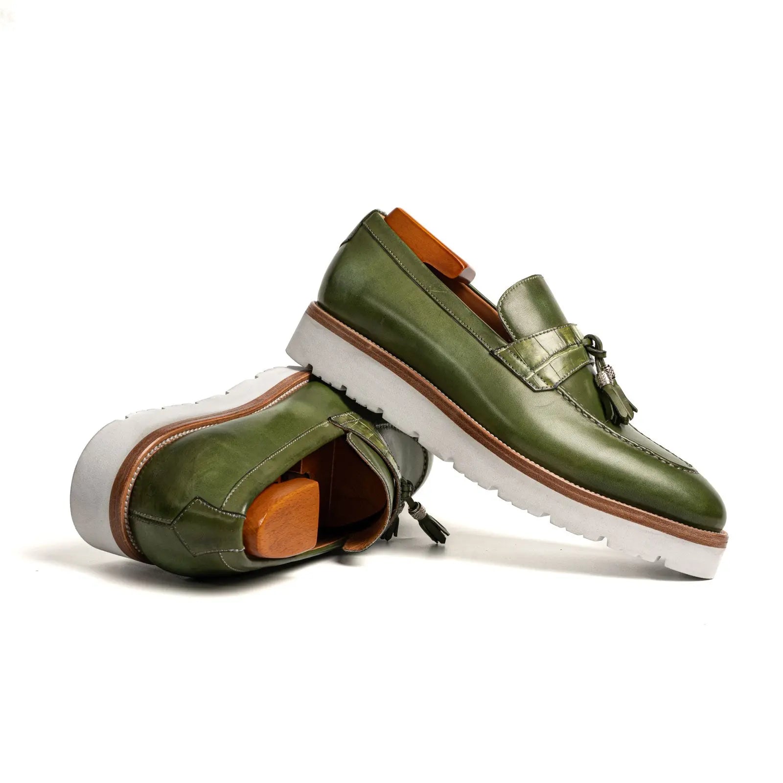 Olive Green Crocodile Tassel XL Loafers Divinch