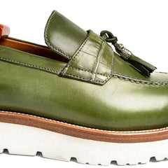 Olive Green Crocodile Tassel XL Loafers Divinch