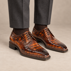Orange-Brown Apron-Toe Derby Shoes with Scale-Pattern Texture — DIVINCH 8003