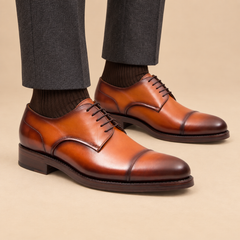 Orange-Brown Cap-Toe Derby Shoes with Polished Finish