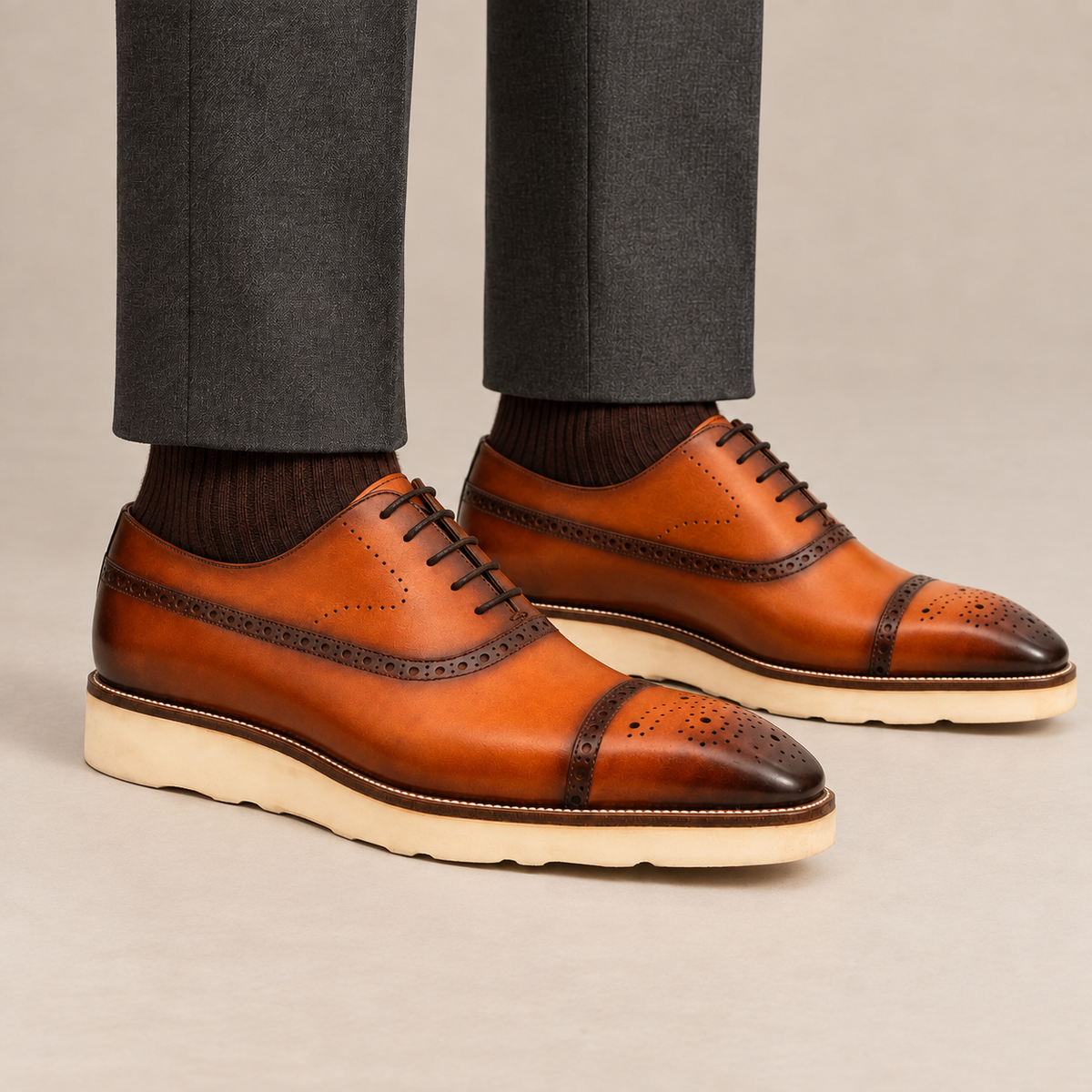 Shaded Orange-Brown Glossy Treaded-Sole Cap-Toe Oxford Shoe DIVINCH