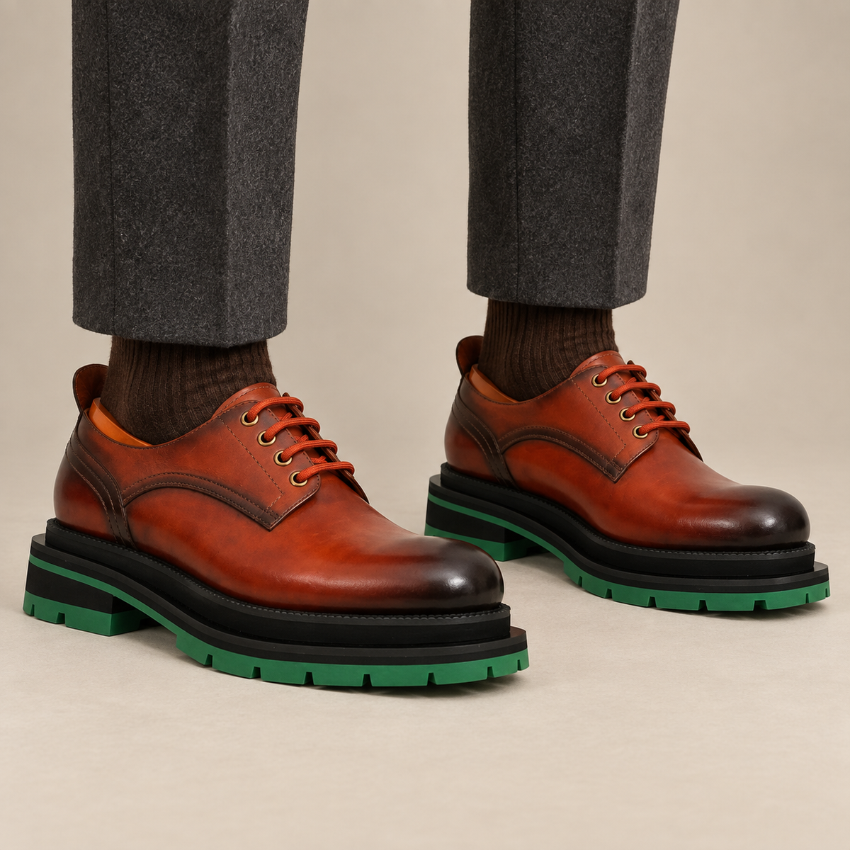 DIVINCH 8222A-L orange-brown four-eyelet derby shoes with green lug soles on foot