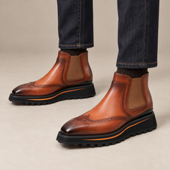 DIVINCH 2891A orange-brown wingtip Chelsea boots — balanced premium on-foot studio view