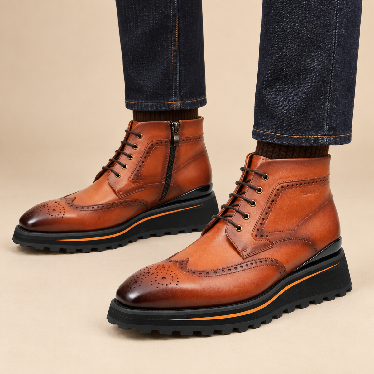Orange-Brown Wingtip Lace-Up Ankle Boots with Metal Eyelets — DIVINCH hero