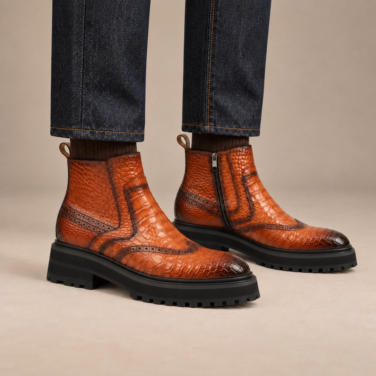 DIVINCH orange-brown textured wingtip Chelsea boots on foot
