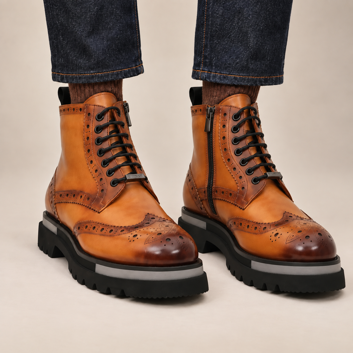 Orange Shaded Brown Glossy Lug-Sole Wingtip Ankle Boot DIVINCH