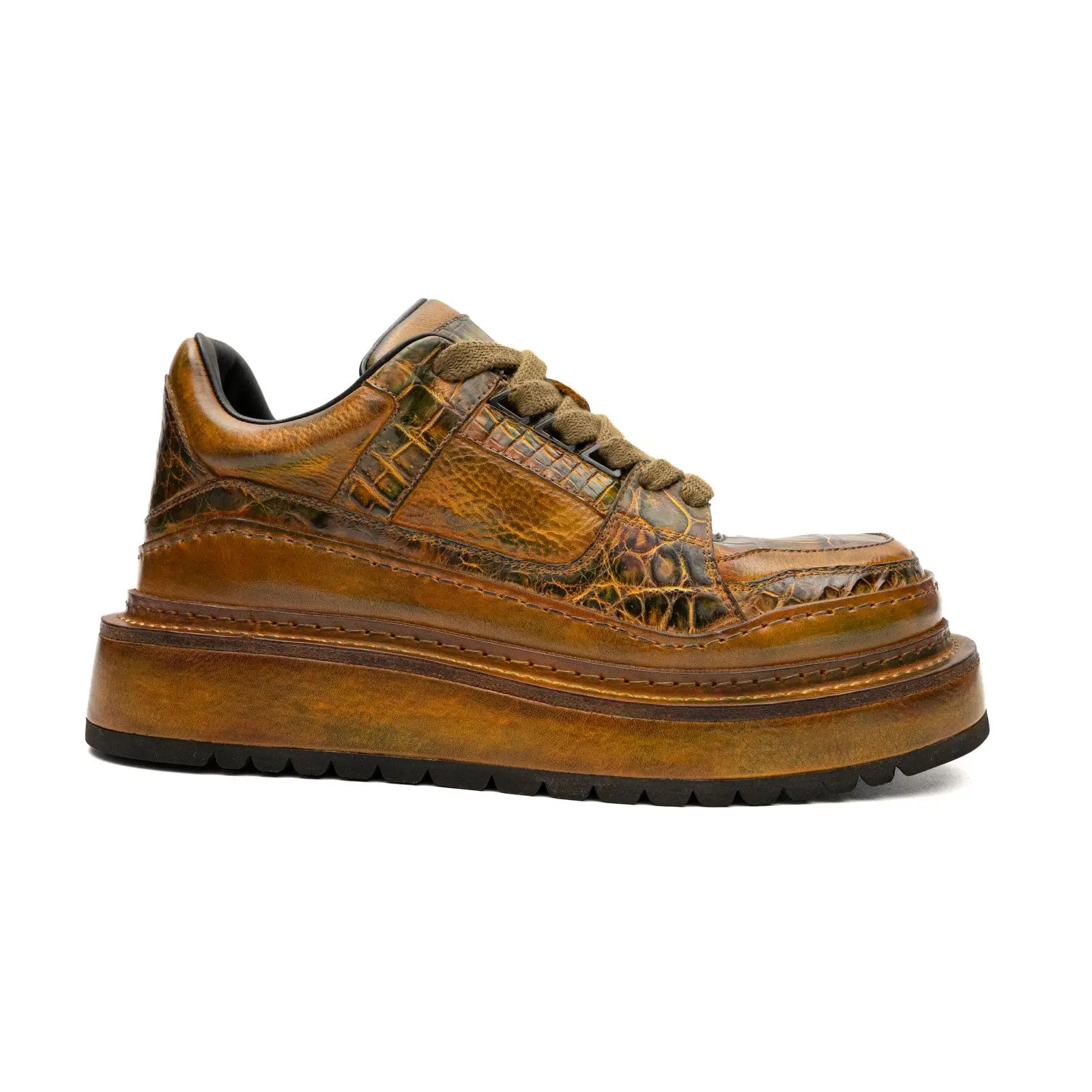 Ostrich Leg Leather Platform Sneakers Amber Gold Divinch