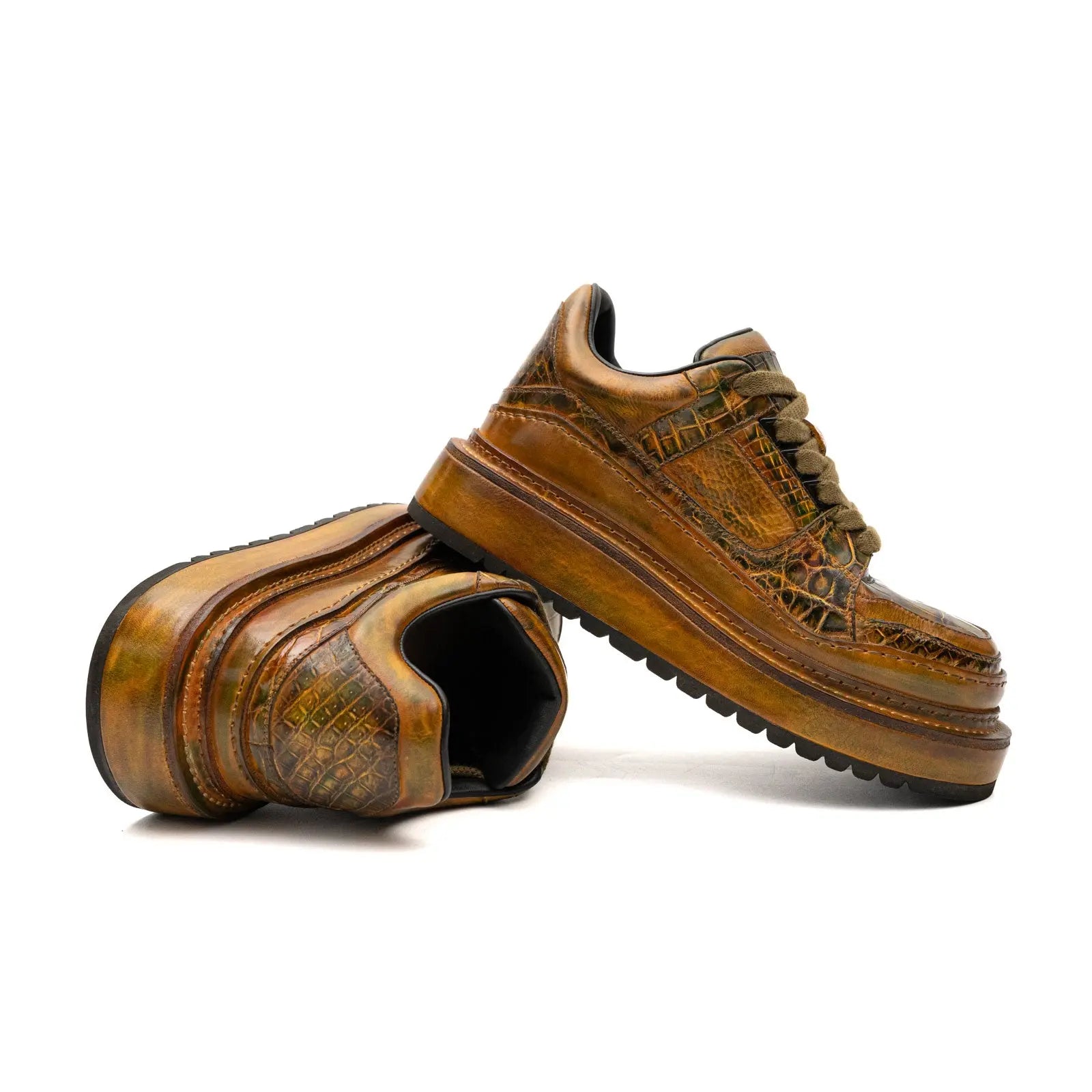 Ostrich Leg Leather Platform Sneakers Amber Gold Divinch