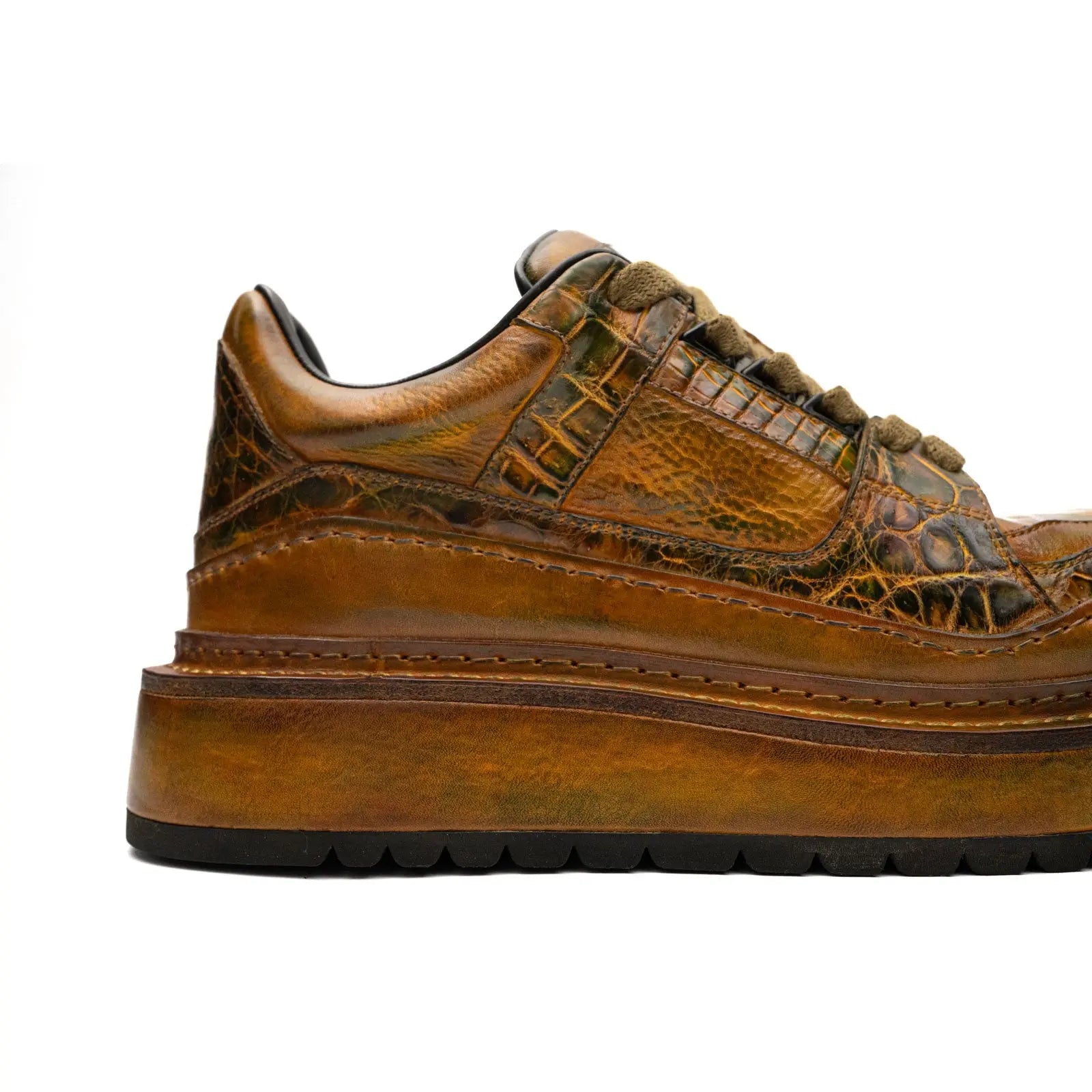 Ostrich Leg Leather Platform Sneakers Amber Gold Divinch