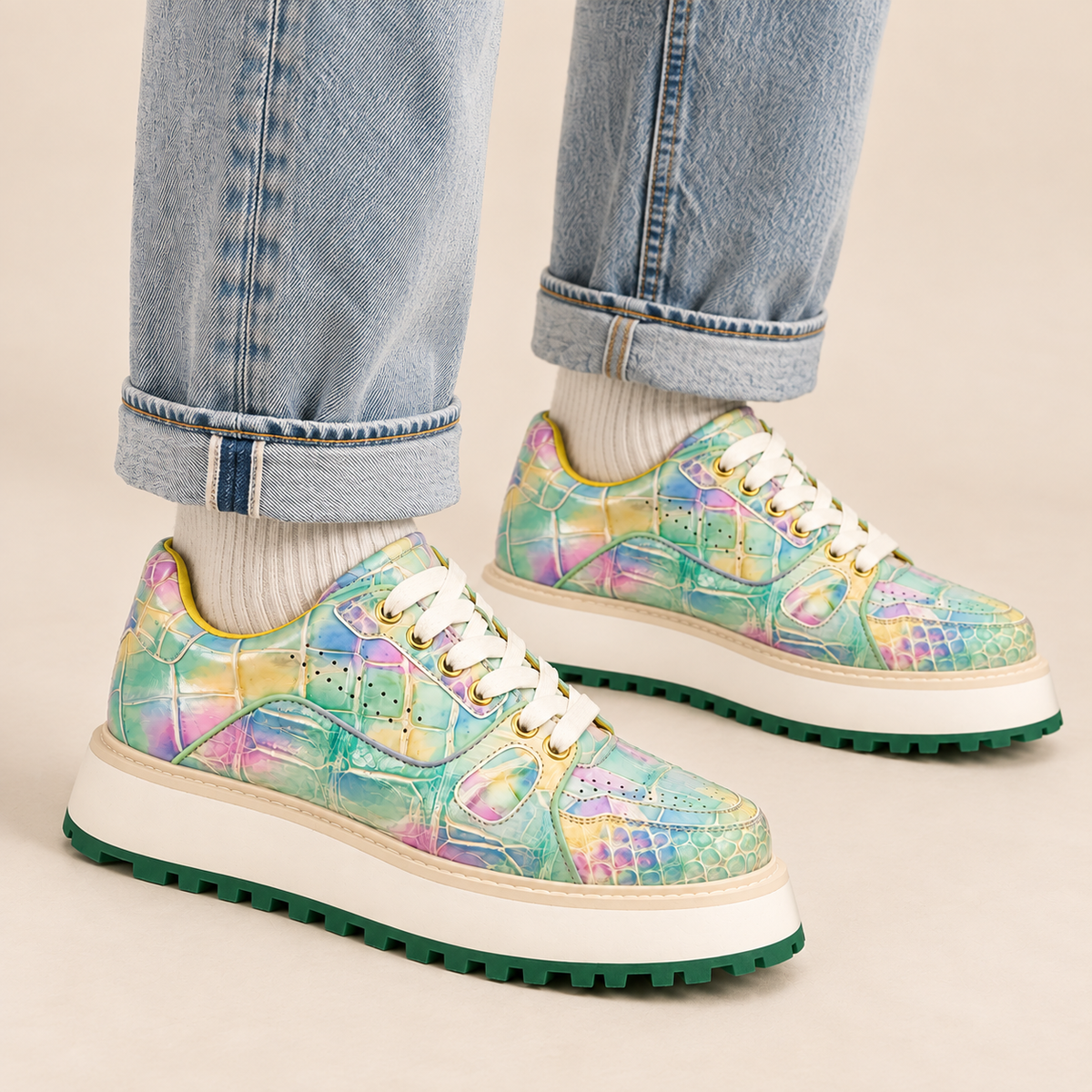 Pastel Multicolor Textured Platform Apron-Toe Low-top Sneaker DIVINCH