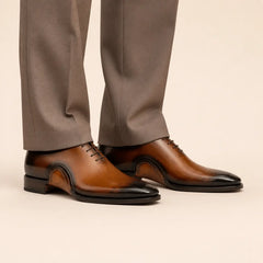 DIVINCH patina medallion Oxford shoes — on-foot studio view