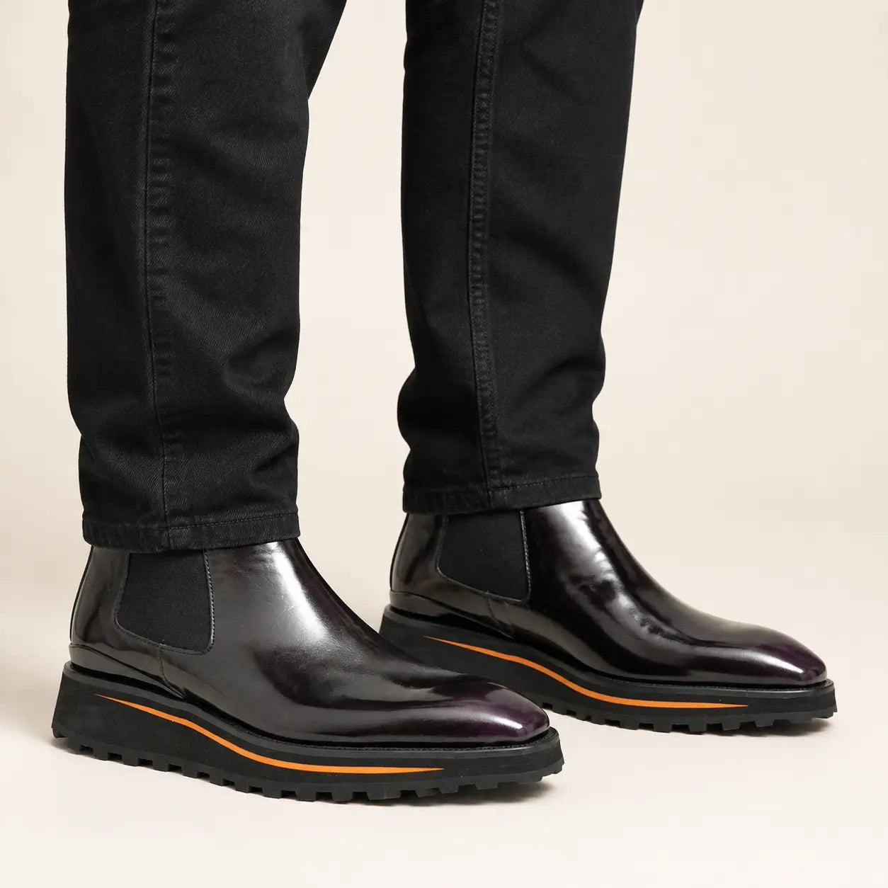 Black Purple Chelsea Lug Boot — on-foot studio view