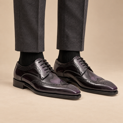 Purple-Black Calfskin Wingtip Derby Shoes with Glossy Finish — DIVINCH hero image