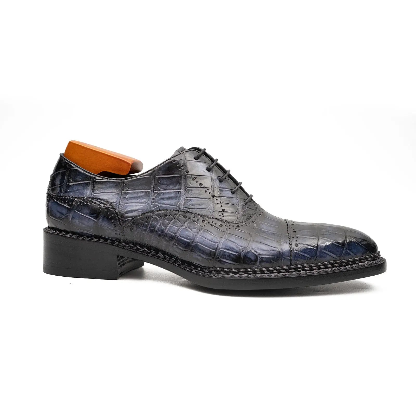 Purplish Blue Crocodile Oxford Shoes Goodyear Norwegian 8016 DIVINCH