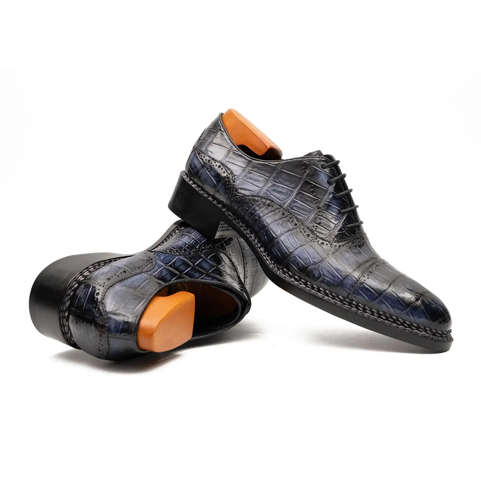 Purplish Blue Crocodile Oxford Shoes Goodyear Norwegian 8016 DIVINCH