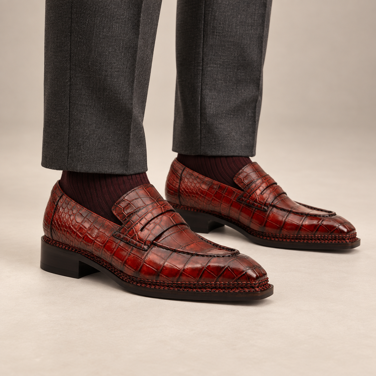 Red Shaded Brown Textured Apron-Toe Penny Loafer DIVINCH