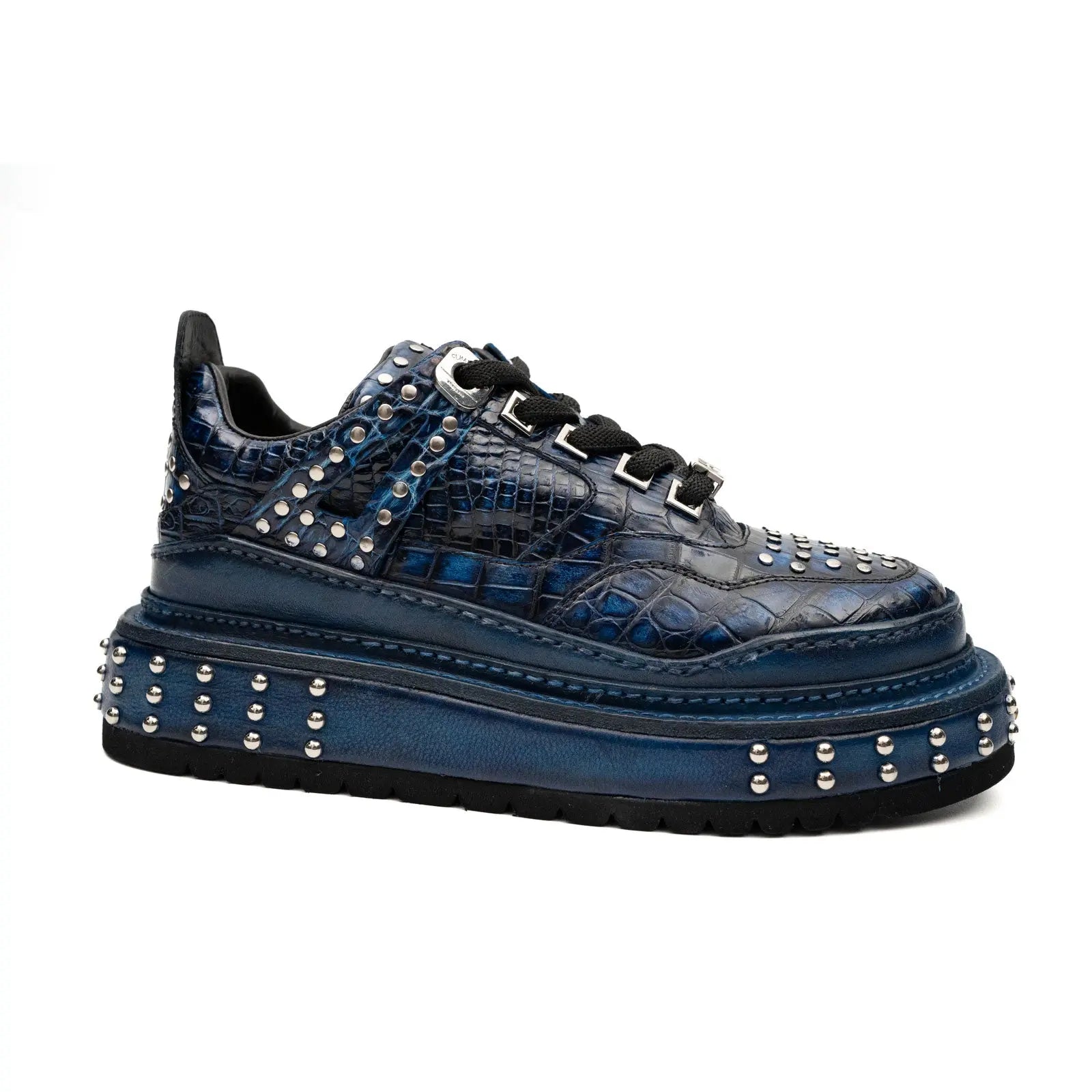 Baskets à plateforme cloutées en crocodile bleu royal