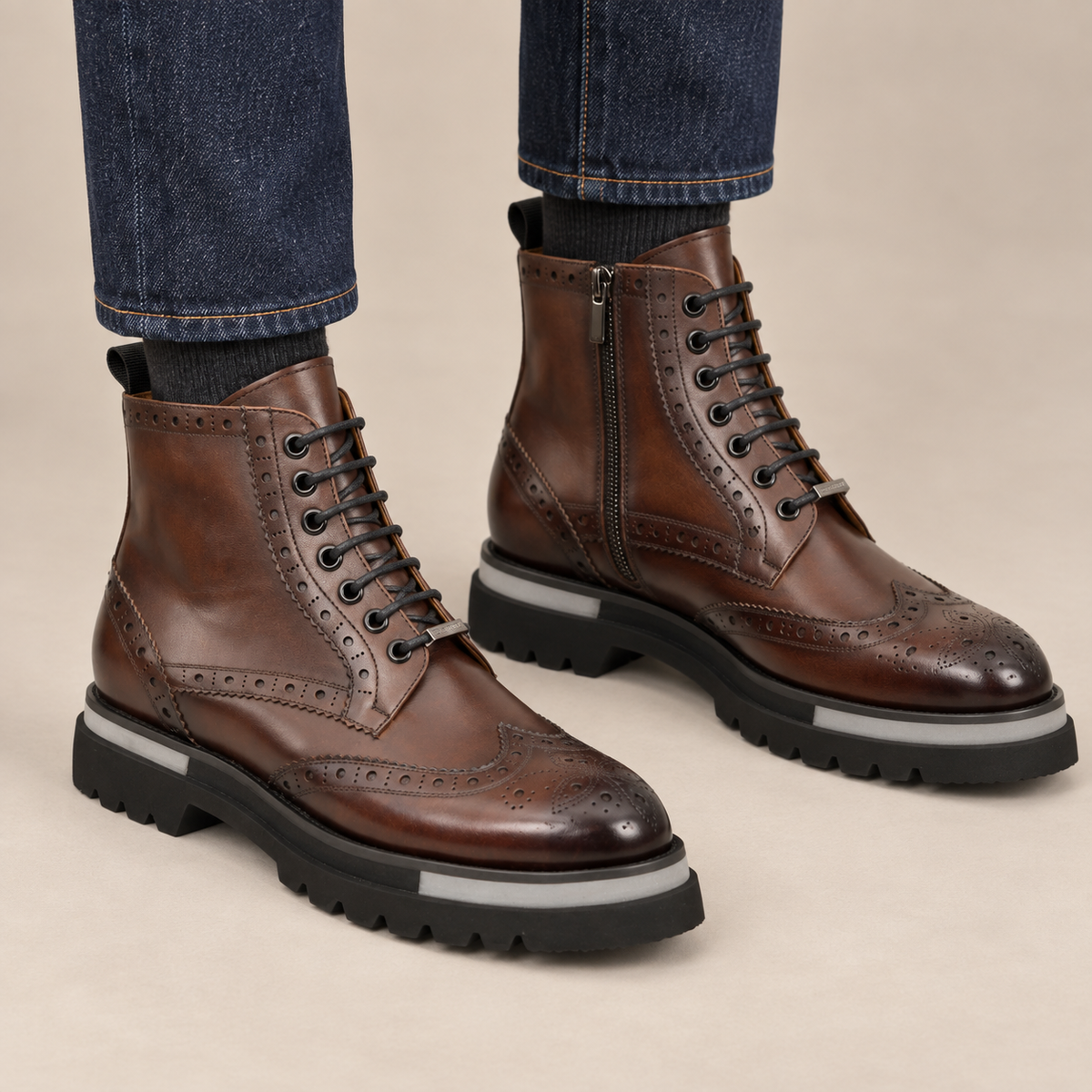 Shaded Brown Glossy Lug-Sole Wingtip Ankle Boot DIVINCH
