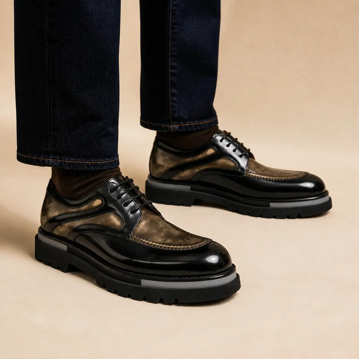 DIVINCH antique bronze and black moc-toe lug Derby shoes worn on foot