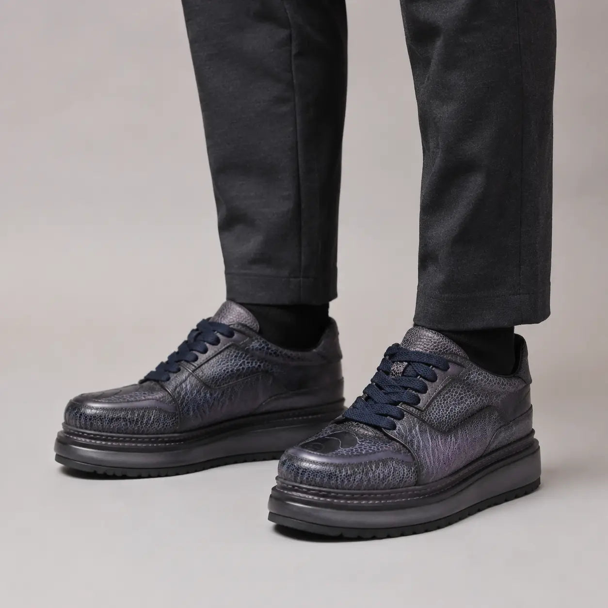 Shadow Grey Ostrich Platform Sneaker on-foot product photo