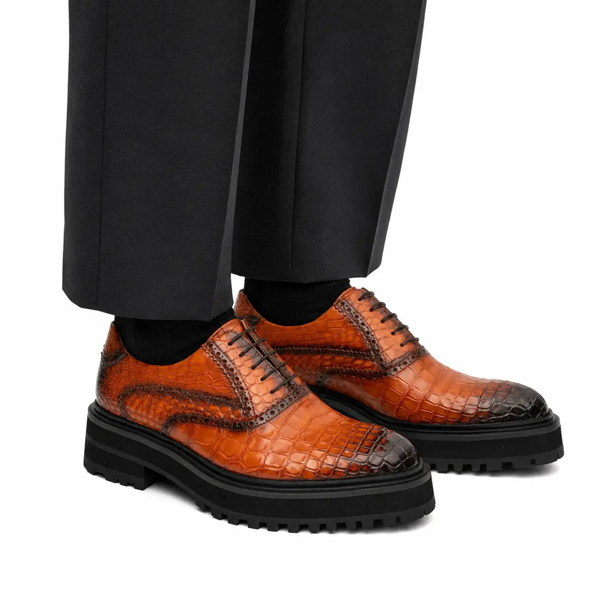Timsah Desenli Kalın Kanat Detaylı Brogue Oxford Ayakkabılar