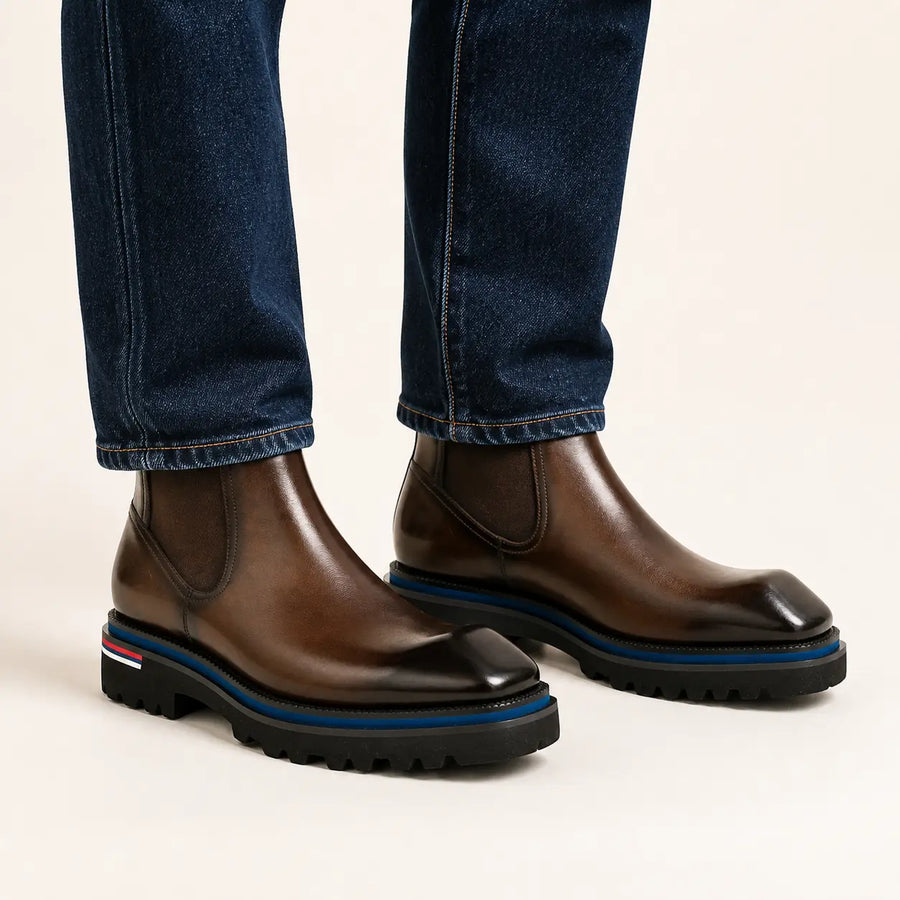 Square Toe Platform Chelsea Boots — on-foot studio view
