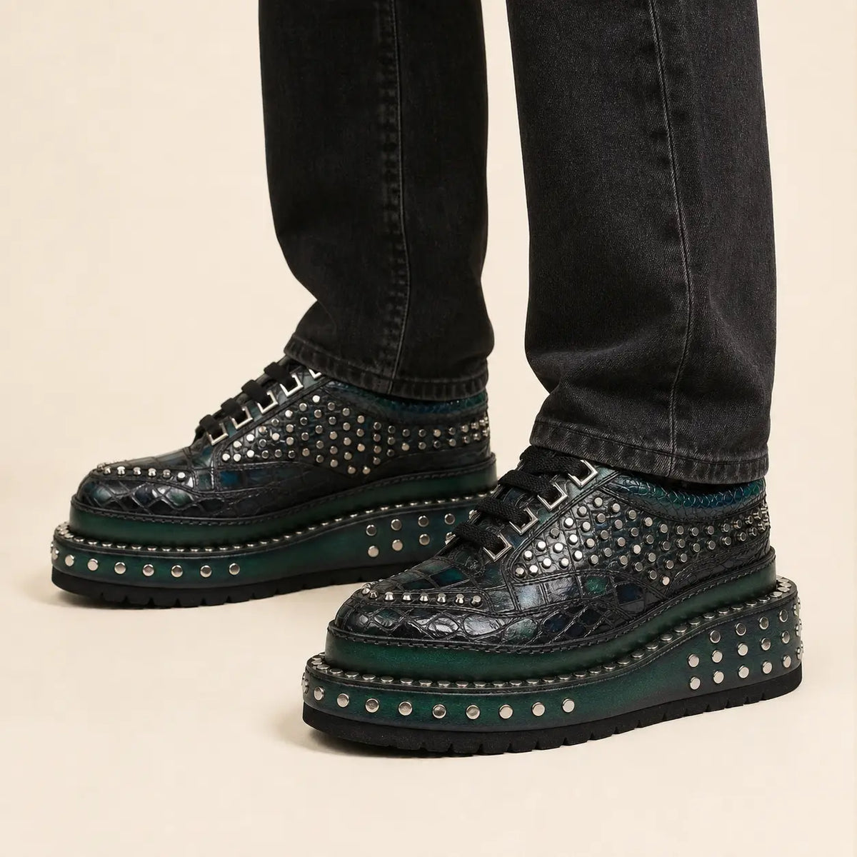 Studded Crocodile Platform Sneaker — on-foot studio view