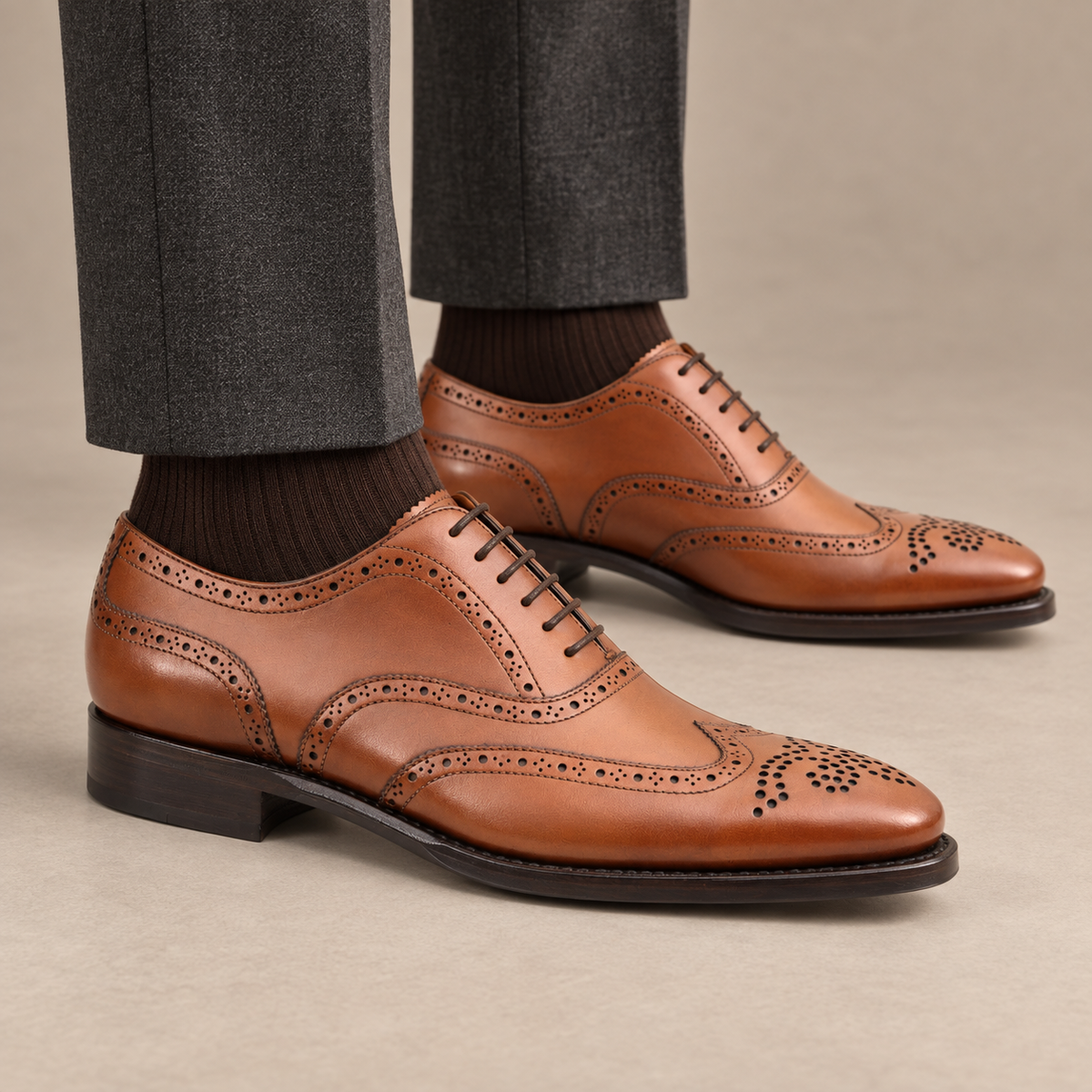 Tan Brown Glossy Wingtip Oxford Shoe DIVINCH