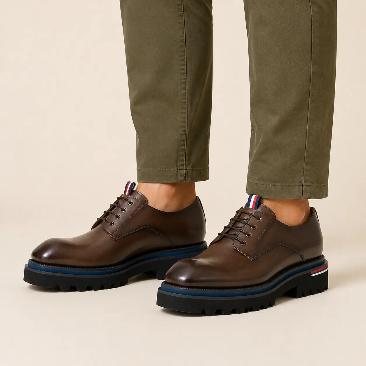 Taupe Elevated Derby — on-foot studio view