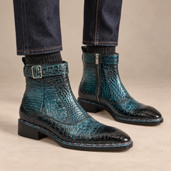 Dark Teal Textured Zip and Buckle Ankle Boot — DIVINCH hero image
