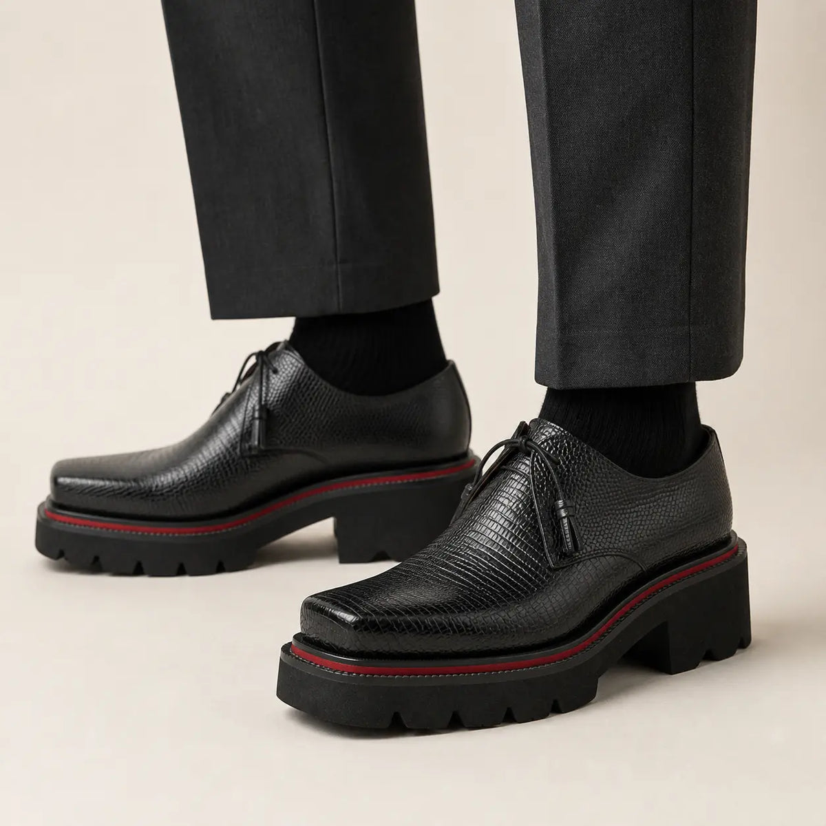 Textured Black Derby — on-foot studio view
