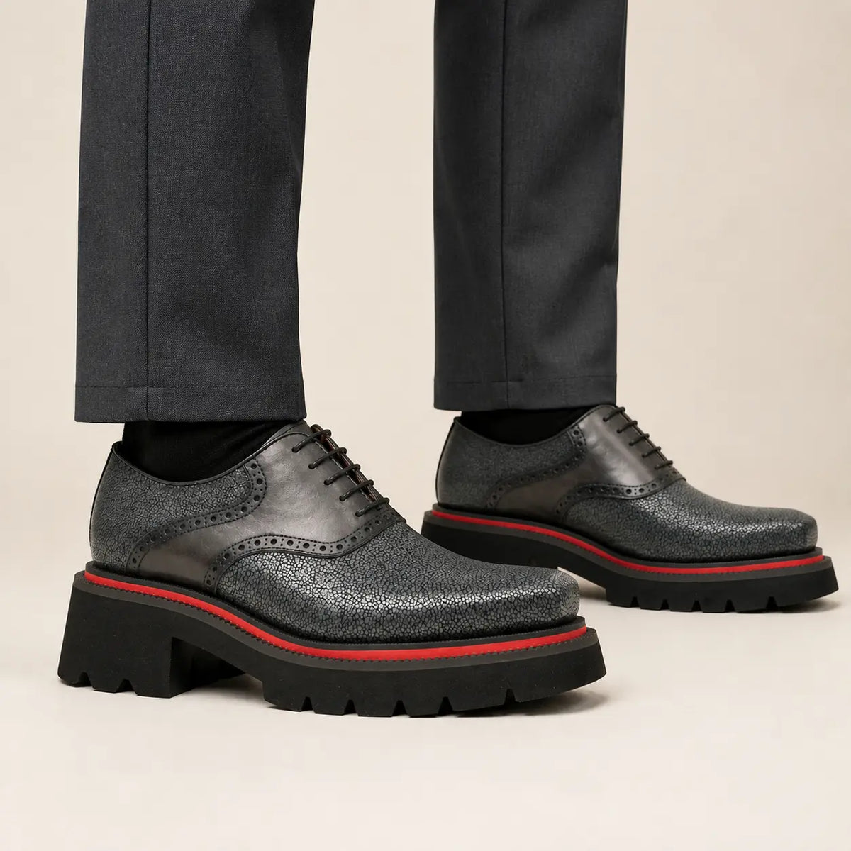Textured lug sole Oxford shoes on foot