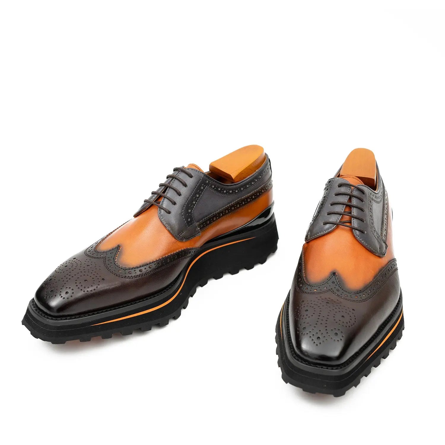 Thick-soled calfskin formal brogue derby shoes Blue Divinch