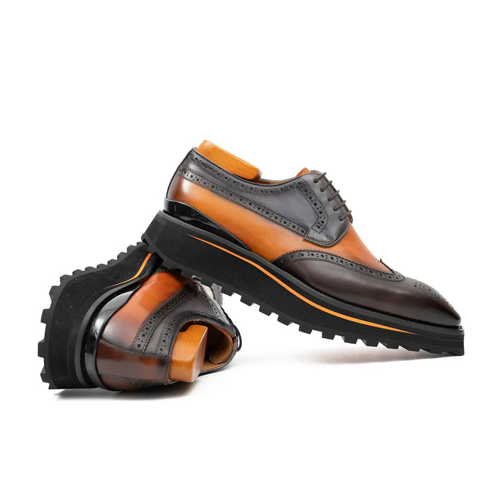 Thick-soled calfskin formal brogue derby shoes Blue Divinch