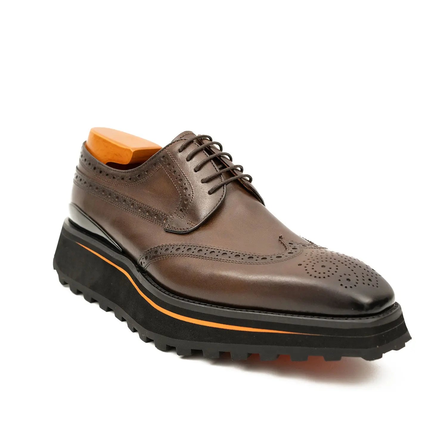 Thick-soled calfskin formal brogue derby shoes coffee Divinch